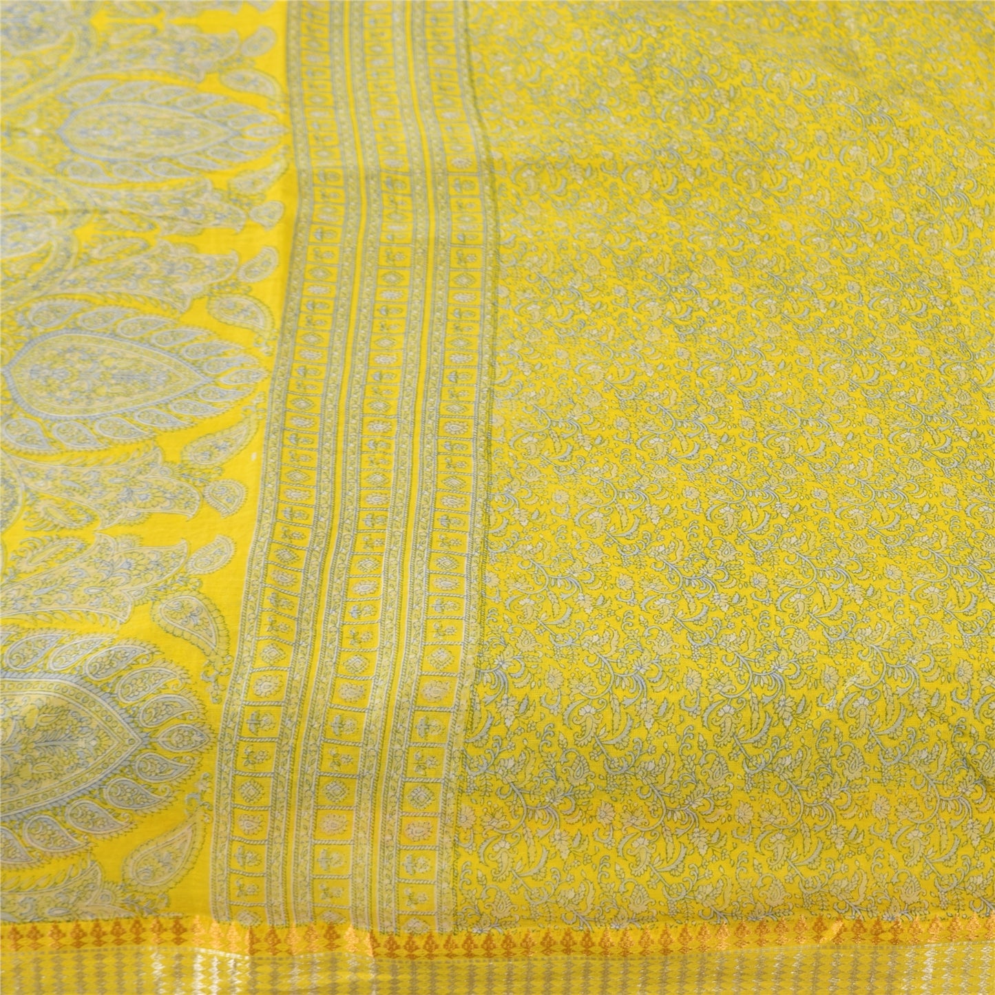 Sanskriti Vintage Sarees Yellow/Blue Pure Cotton Printed Sari 5+yd Craft Fabric