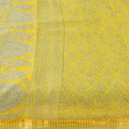 Sanskriti Vintage Sarees Yellow/Blue Pure Cotton Printed Sari 5+yd Craft Fabric