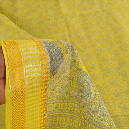 Sanskriti Vintage Sarees Yellow/Blue Pure Cotton Printed Sari 5+yd Craft Fabric