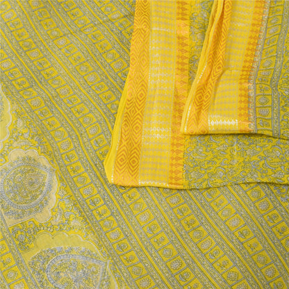 Sanskriti Vintage Sarees Yellow/Blue Pure Cotton Printed Sari 5+yd Craft Fabric