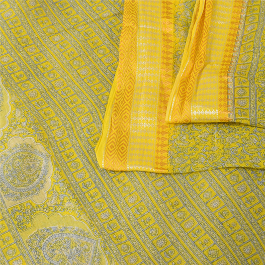 Sanskriti Vintage Sarees Yellow/Blue Pure Cotton Printed Sari 5+yd Craft Fabric