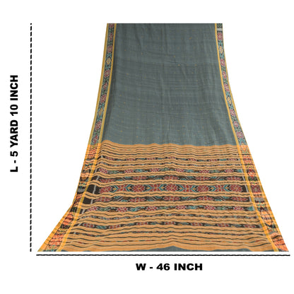 Sanskriti Vintage Sarees Gray Ikat Handwoven Odisha Pure Cotton Sari 5+yd Fabric