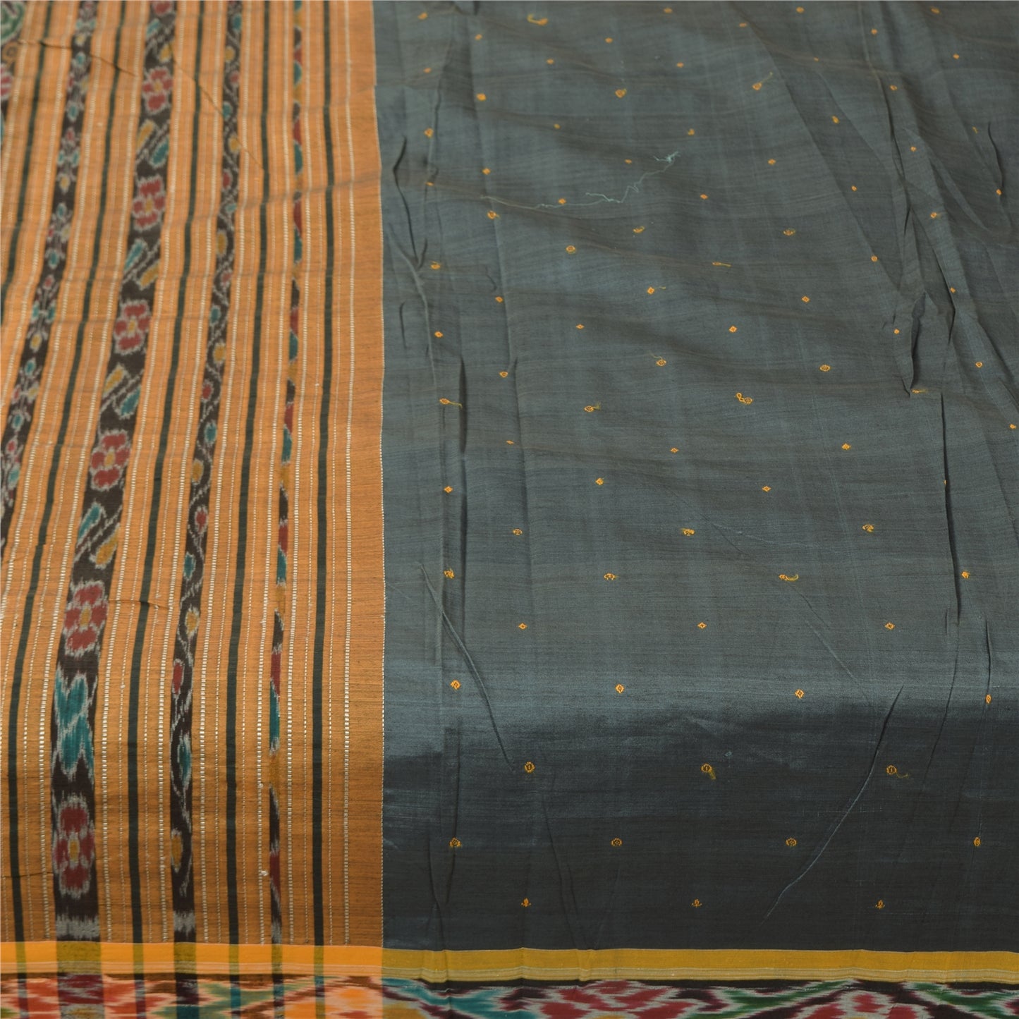 Sanskriti Vintage Sarees Gray Ikat Handwoven Odisha Pure Cotton Sari 5+yd Fabric