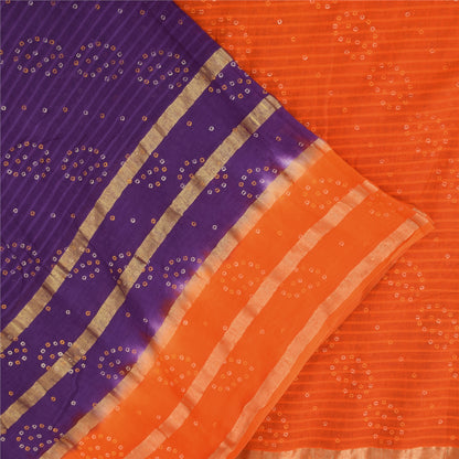 Sanskriti Vintage Sarees Purple/Orange Bandhani Painted Pure Cotton Sari Fabric