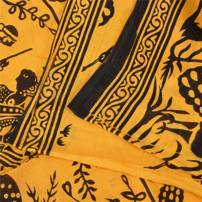 Sanskriti Vintage Sarees Yellow Peacock Print Pure Cotton Sari 5+yd Craft Fabric