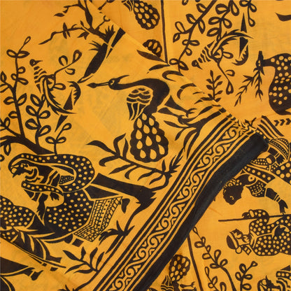 Sanskriti Vintage Sarees Yellow Peacock Print Pure Cotton Sari 5+yd Craft Fabric