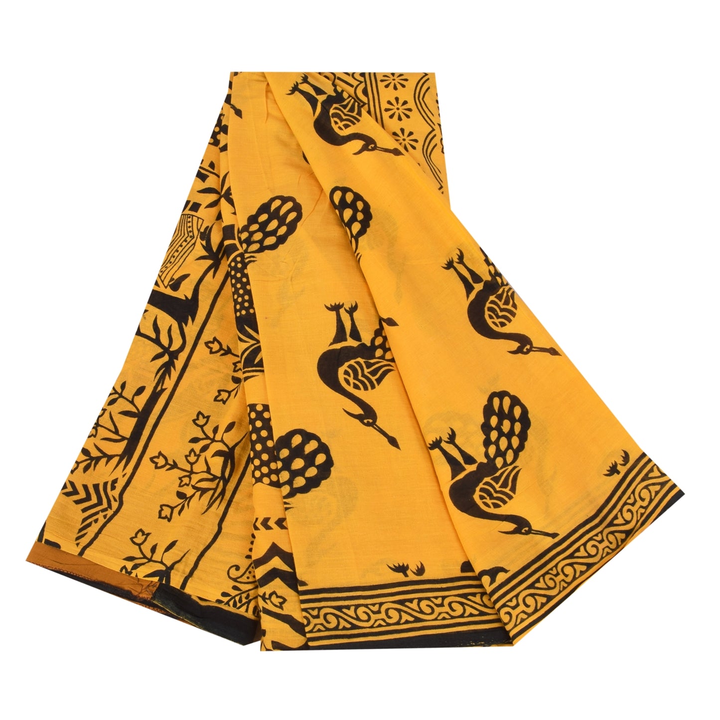 Sanskriti Vintage Sarees Yellow Peacock Print Pure Cotton Sari 5+yd Craft Fabric