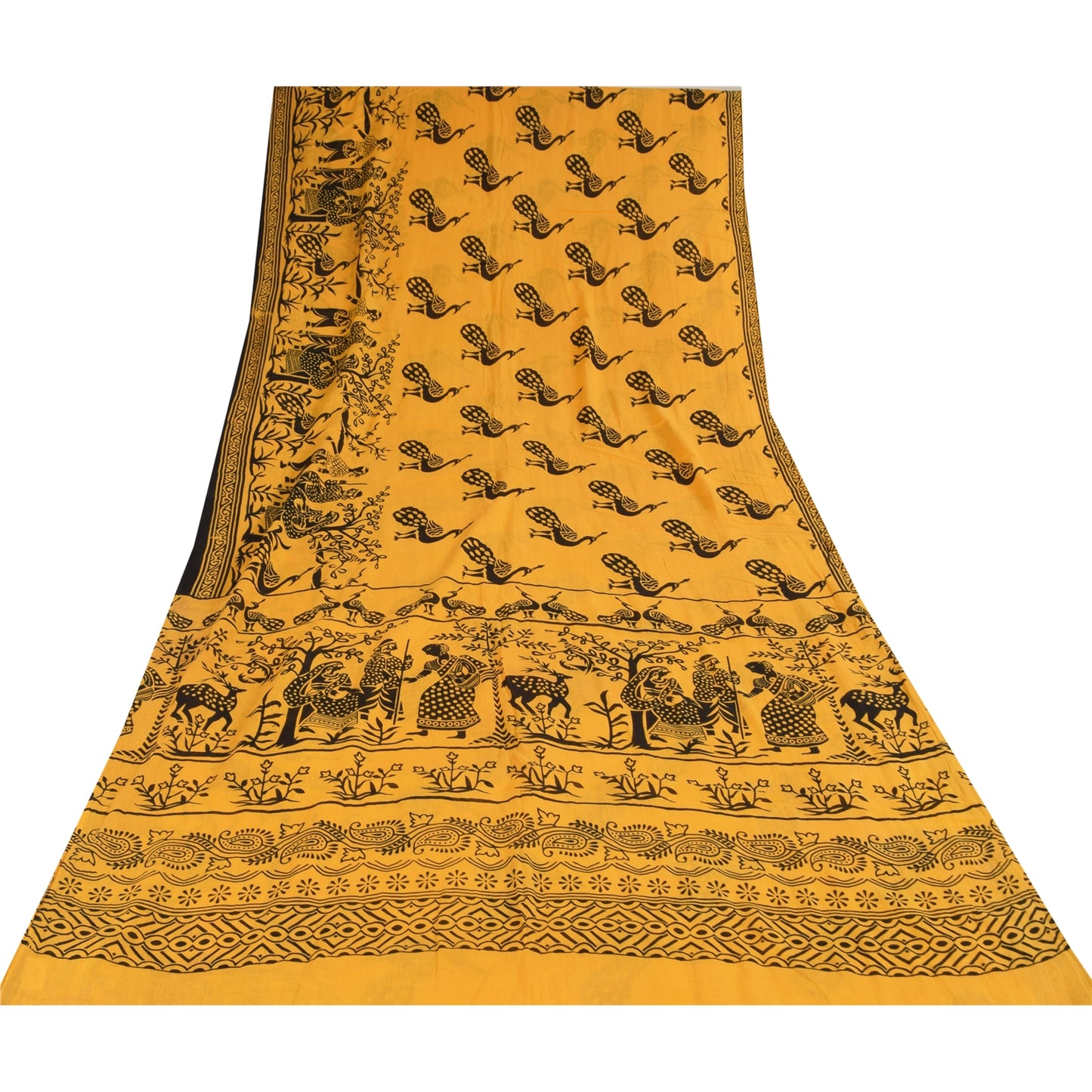 Sanskriti Vintage Sarees Yellow Peacock Print Pure Cotton Sari 5+yd Craft Fabric