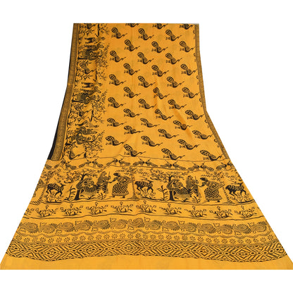 Sanskriti Vintage Sarees Yellow Peacock Print Pure Cotton Sari 5+yd Craft Fabric