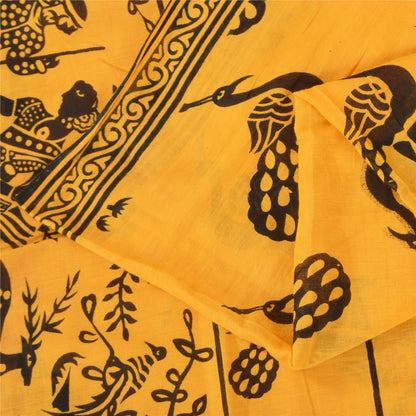 Sanskriti Vintage Sarees Yellow Peacock Print Pure Cotton Sari 5+yd Craft Fabric