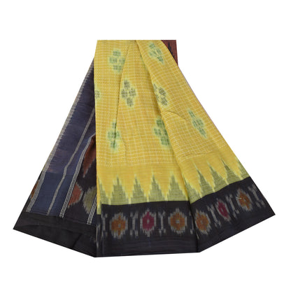 Sanskriti Vintage Sarees Yellow Ikat Handwoven Odisha Pure Cotton Sari Fabric