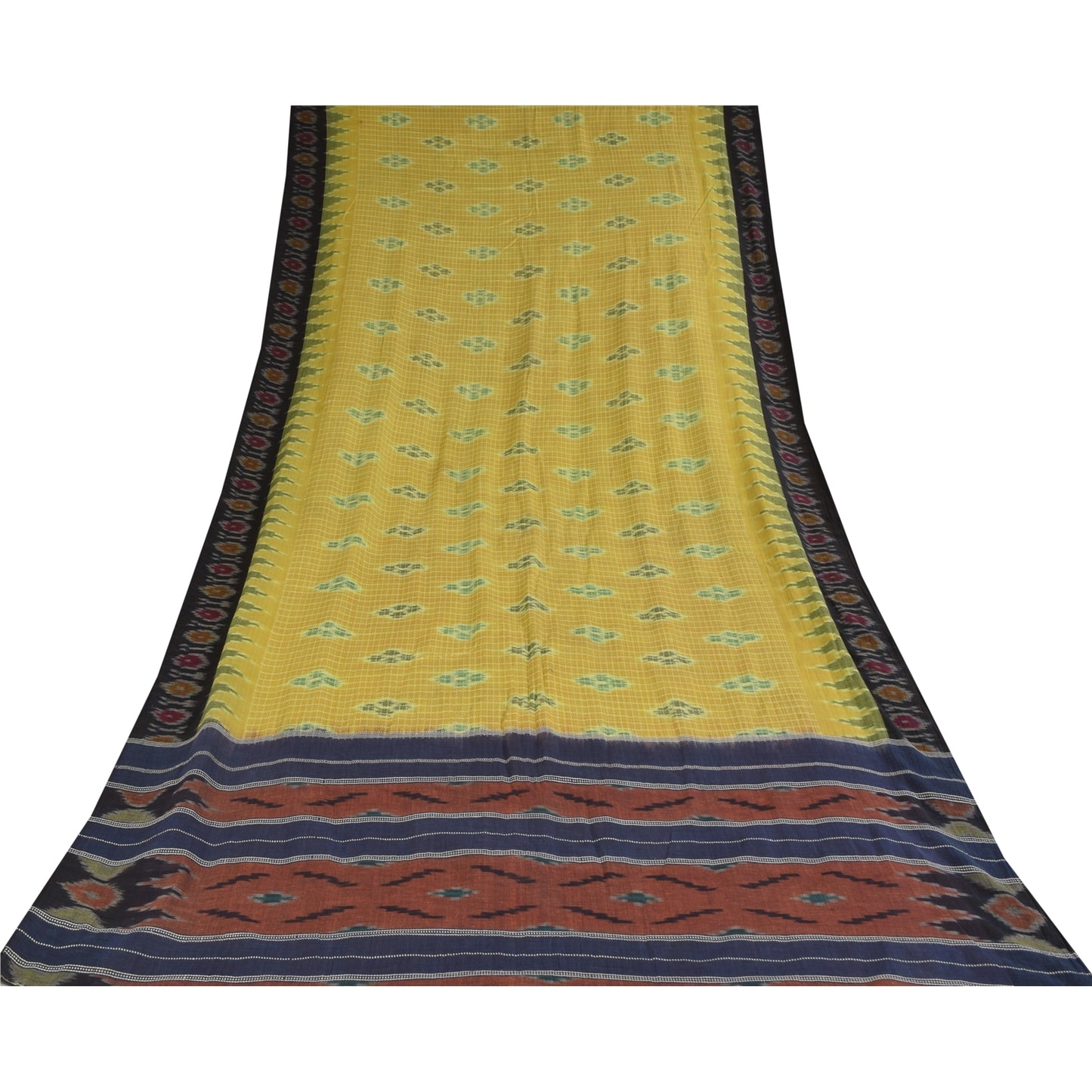 Sanskriti Vintage Sarees Yellow Ikat Handwoven Odisha Pure Cotton Sari Fabric