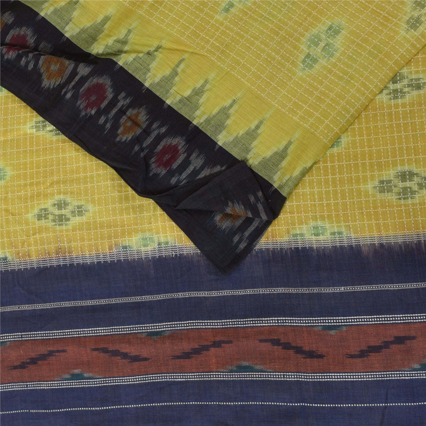 Sanskriti Vintage Sarees Yellow Ikat Handwoven Odisha Pure Cotton Sari Fabric