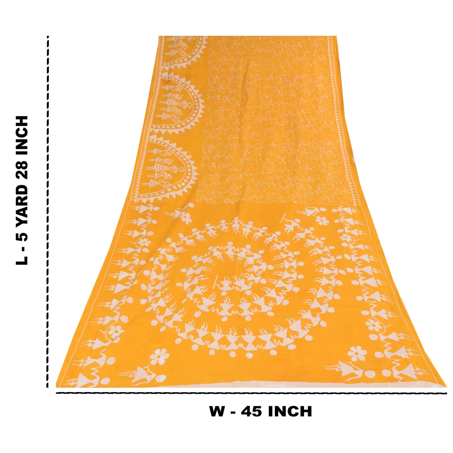 Sanskriti Vintage Sarees Yellow Warli Art Pure Cotton Printed Sari 5+yd Fabric