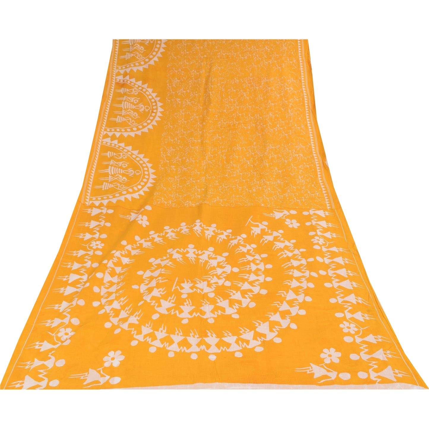 Sanskriti Vintage Sarees Yellow Warli Art Pure Cotton Printed Sari 5+yd Fabric