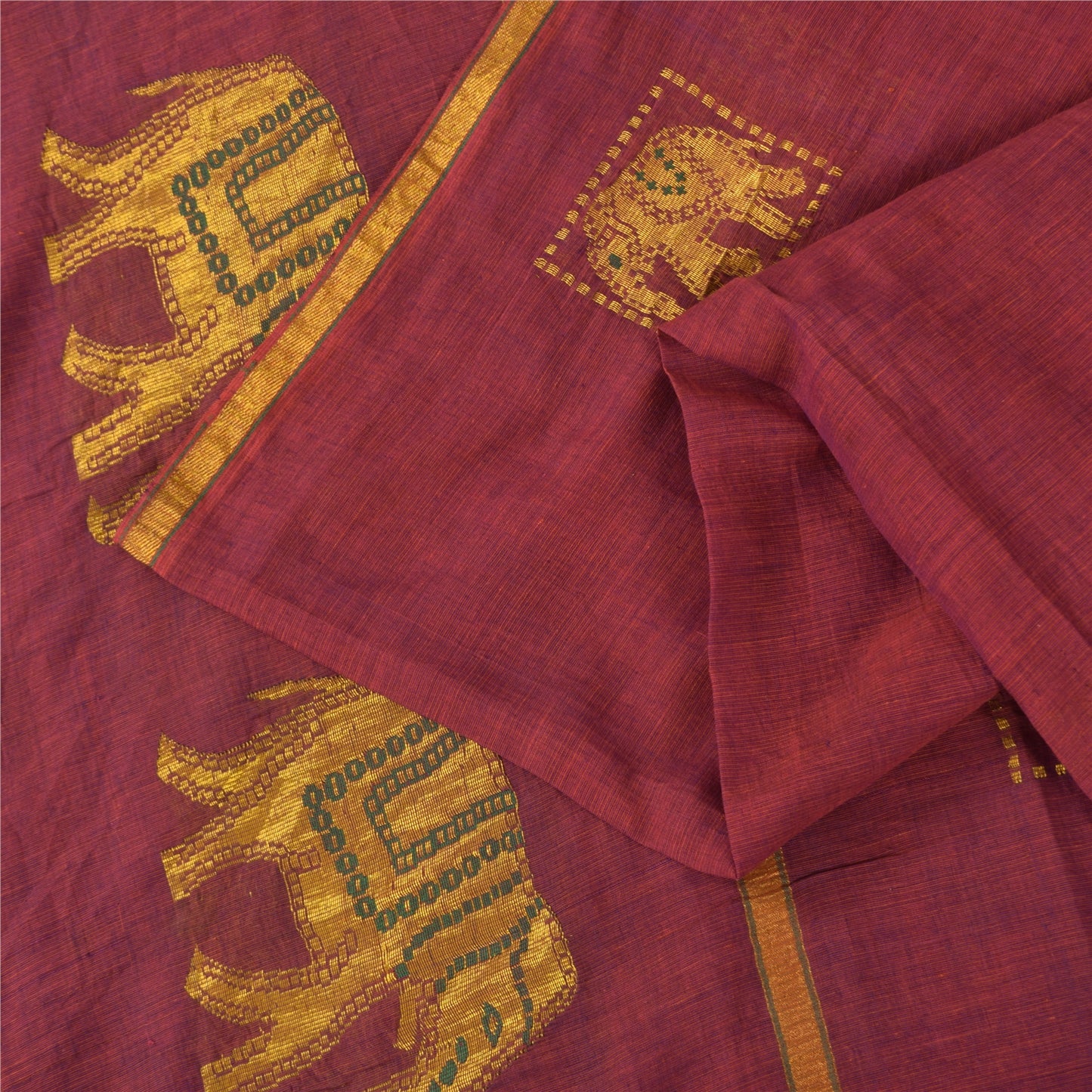 Sanskriti Vintage Sarees Red Elephant Hand Woven Pure Cotton Sari 5+yd Fabric