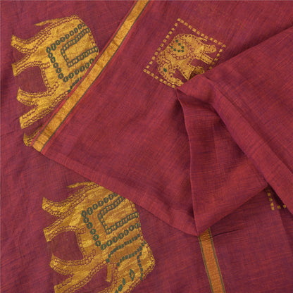 Sanskriti Vintage Sarees Red Elephant Hand Woven Pure Cotton Sari 5+yd Fabric