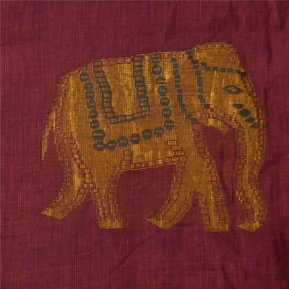 Sanskriti Vintage Sarees Red Elephant Hand Woven Pure Cotton Sari 5+yd Fabric