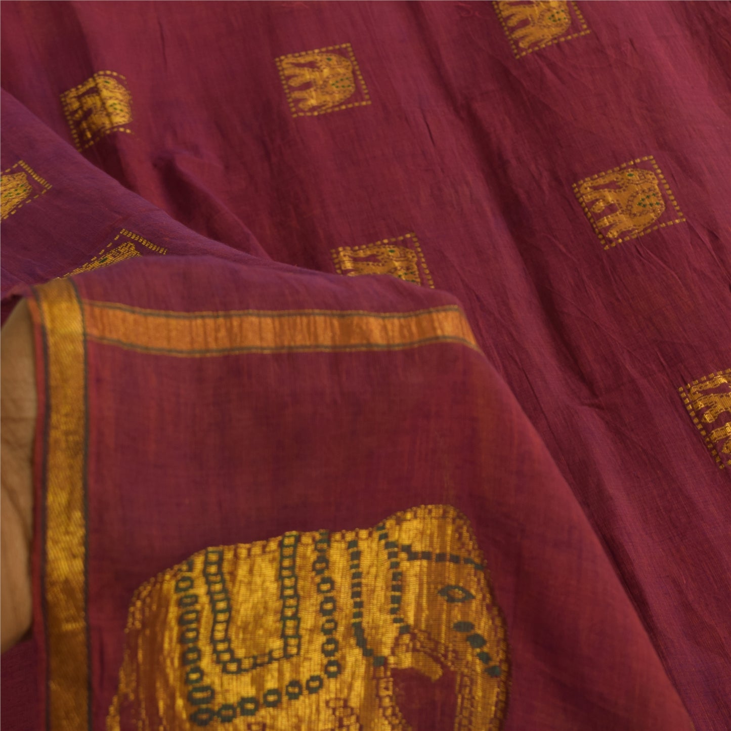 Sanskriti Vintage Sarees Red Elephant Hand Woven Pure Cotton Sari 5+yd Fabric