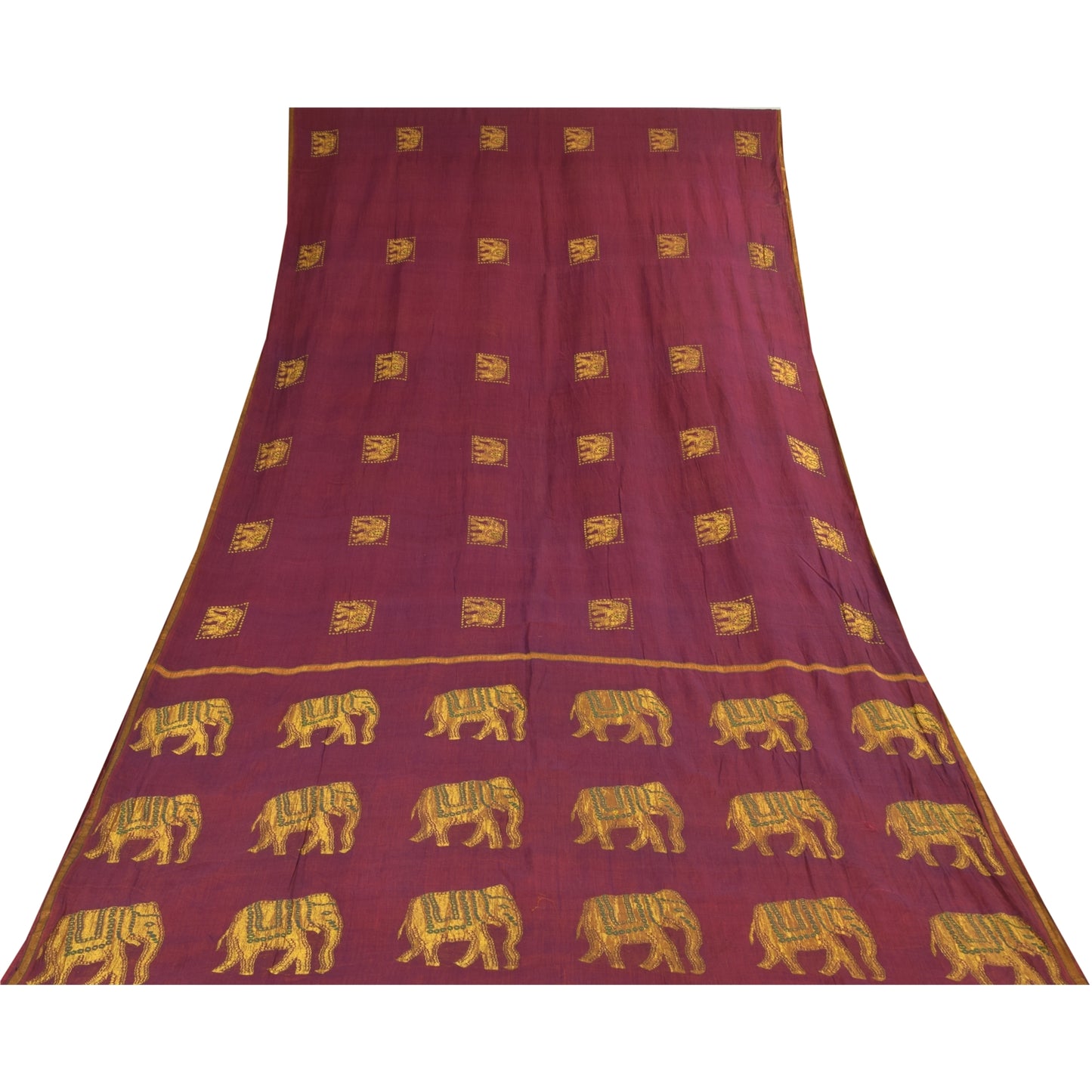 Sanskriti Vintage Sarees Red Elephant Hand Woven Pure Cotton Sari 5+yd Fabric