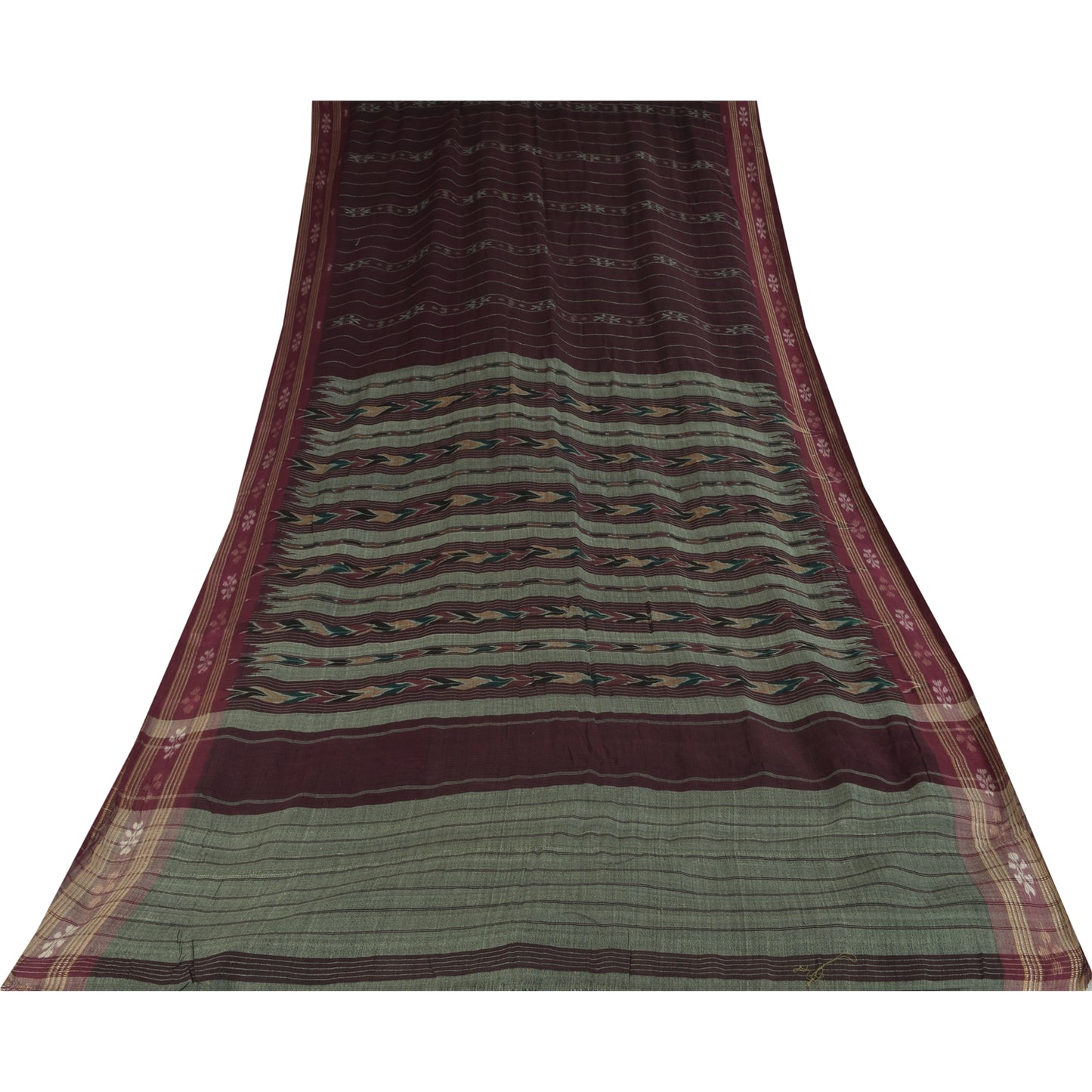 Sanskriti Vintage Sarees Wine Ikat Handwoven Odisha Pure Cotton Sari 5+yd Fabric