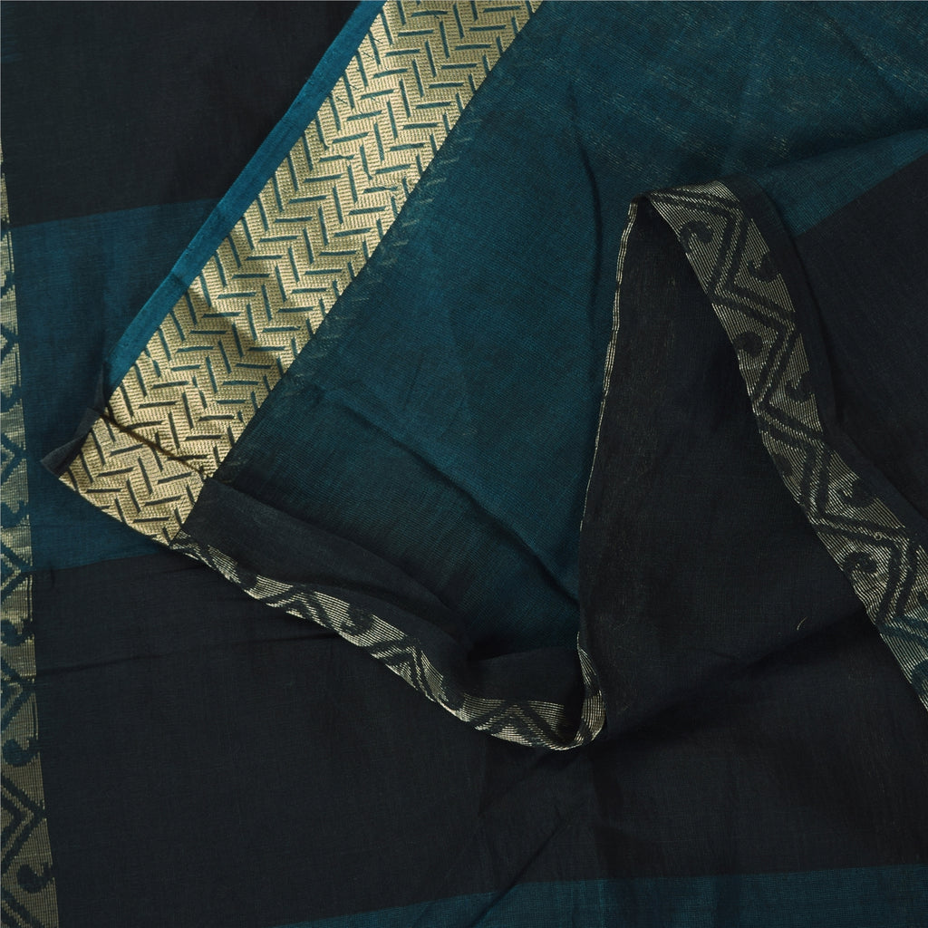 Sanskriti Vintage Sarees Blue/Black Woven Pure Cotton Sari 5+yd Craft Fabric