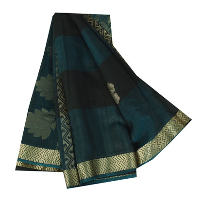 Sanskriti Vintage Sarees Blue/Black Woven Pure Cotton Sari 5+yd Craft Fabric