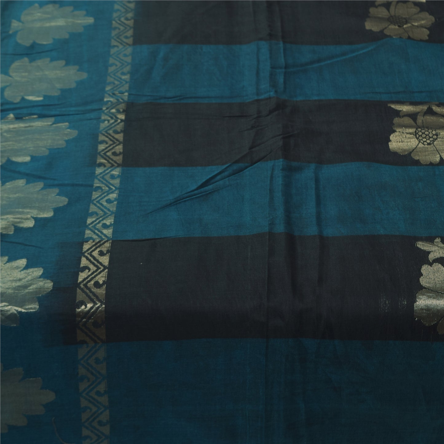 Sanskriti Vintage Sarees Blue/Black Woven Pure Cotton Sari 5+yd Craft Fabric