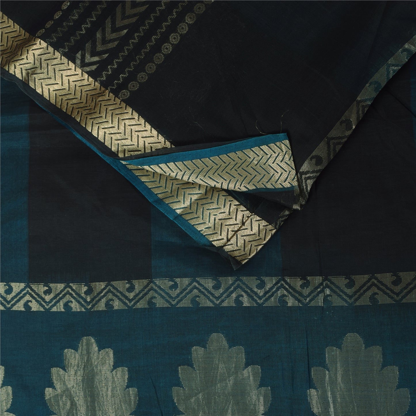 Sanskriti Vintage Sarees Blue/Black Woven Pure Cotton Sari 5+yd Craft Fabric