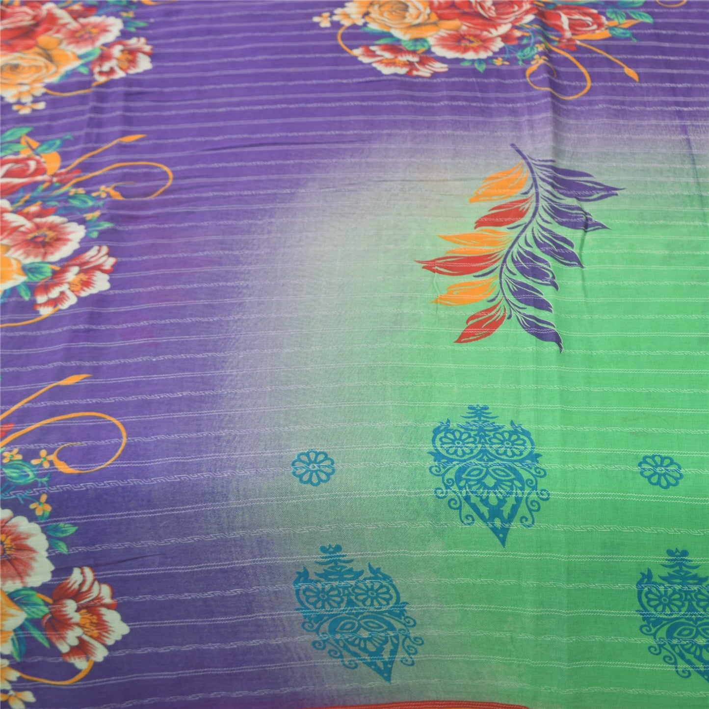 Sanskriti Vintage Sarees Green/Purple Pure Cotton Printed Sari 5+yd Craft Fabric