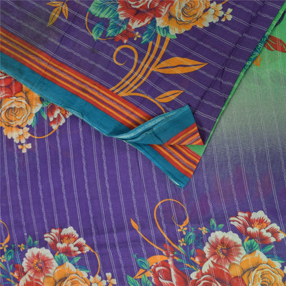 Sanskriti Vintage Sarees Green/Purple Pure Cotton Printed Sari 5+yd Craft Fabric