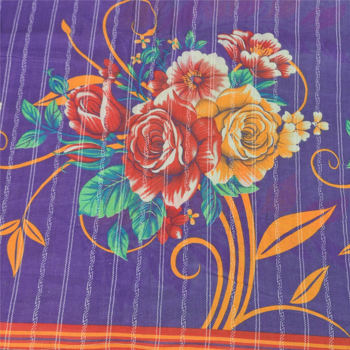 Sanskriti Vintage Sarees Green/Purple Pure Cotton Printed Sari 5+yd Craft Fabric