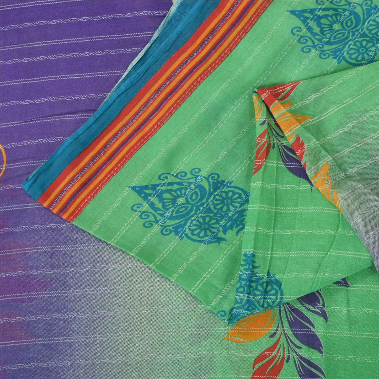 Sanskriti Vintage Sarees Green/Purple Pure Cotton Printed Sari 5+yd Craft Fabric