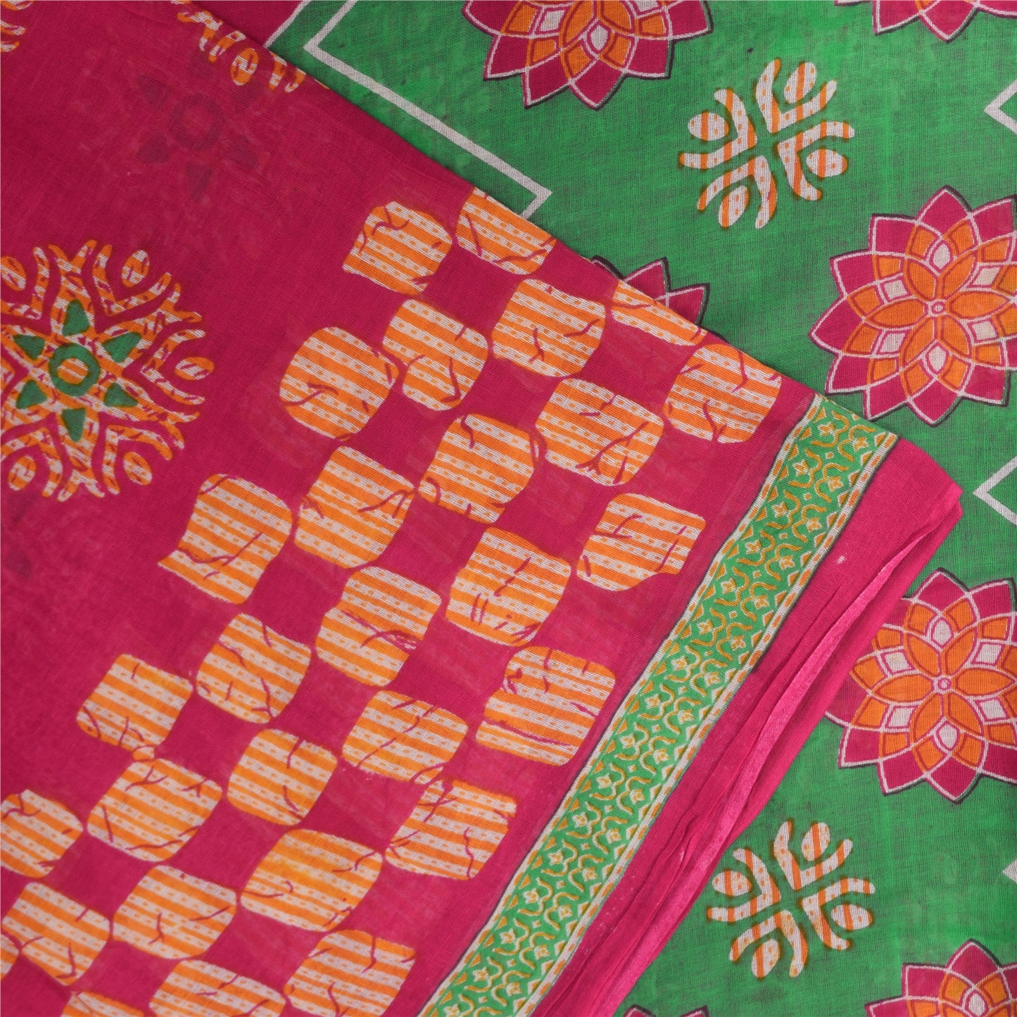 Sanskriti Vintage Sarees Hot-Pink Pure Cotton Printed Sari 5+yd Craft Fabric