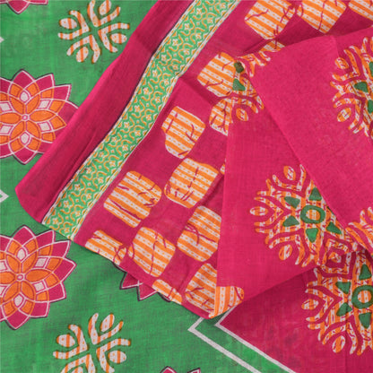 Sanskriti Vintage Sarees Hot-Pink Pure Cotton Printed Sari 5+yd Craft Fabric