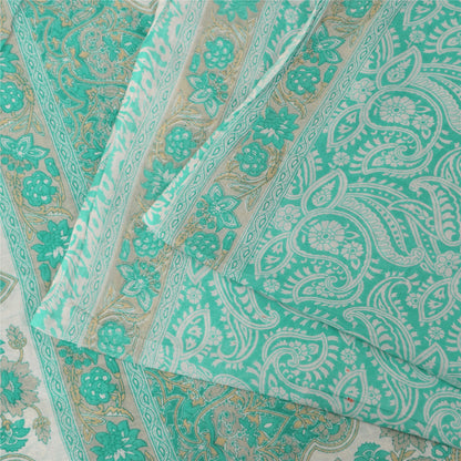 Sanskriti Vintage Sarees Aqua Blue Pure Cotton Printed Sari 5+yd Craft Fabric