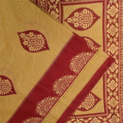 Sanskriti Vintage Sarees Pale Yellow/Red 100% Pure Cotton Print Sari 5+yd Fabric