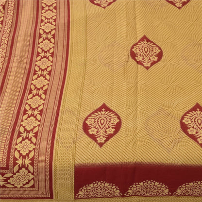 Sanskriti Vintage Sarees Pale Yellow/Red 100% Pure Cotton Print Sari 5+yd Fabric