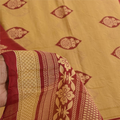 Sanskriti Vintage Sarees Pale Yellow/Red 100% Pure Cotton Print Sari 5+yd Fabric