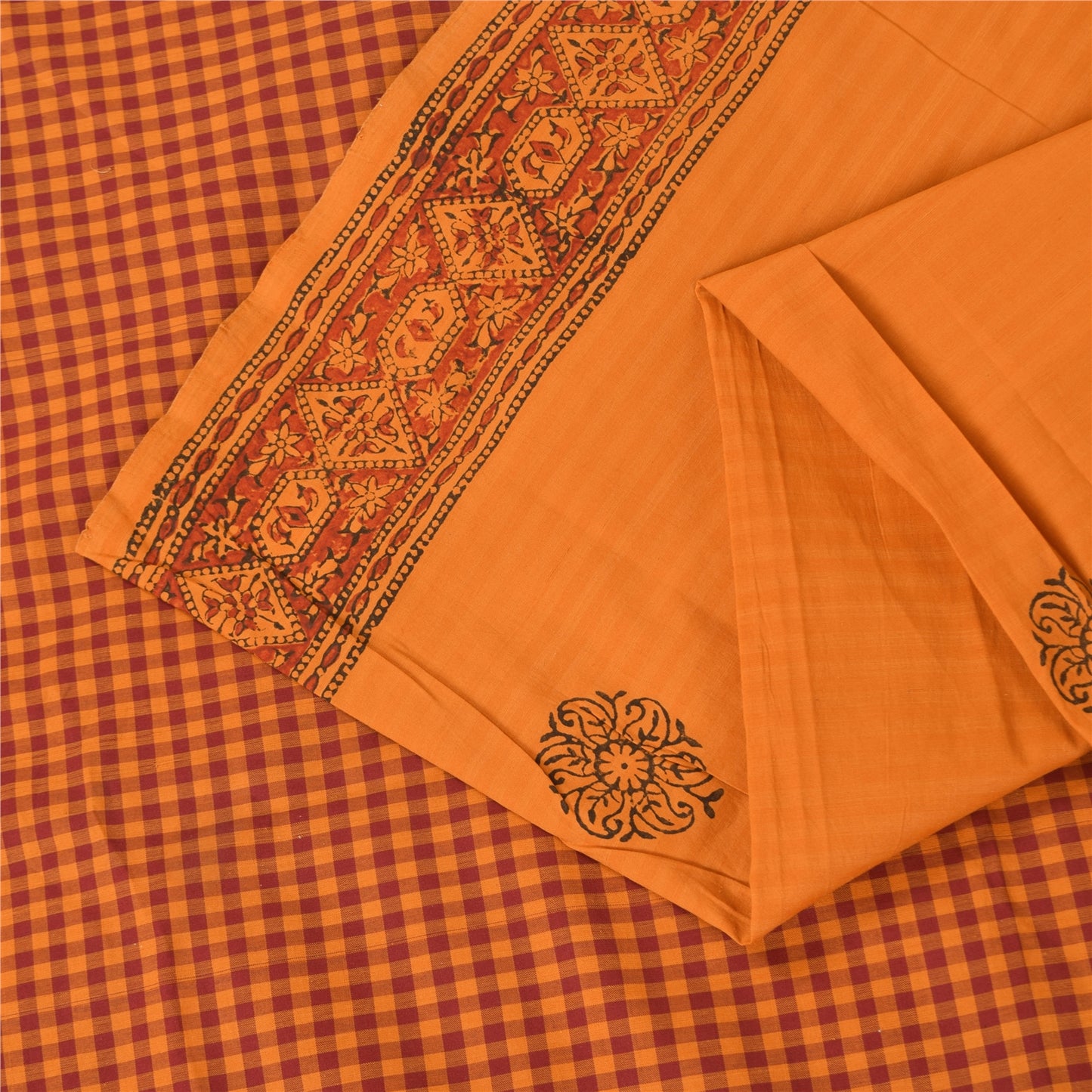 Sanskriti Vintage Sarees Saffron Hand Block Print Woven Pure Cotton Sari Fabric