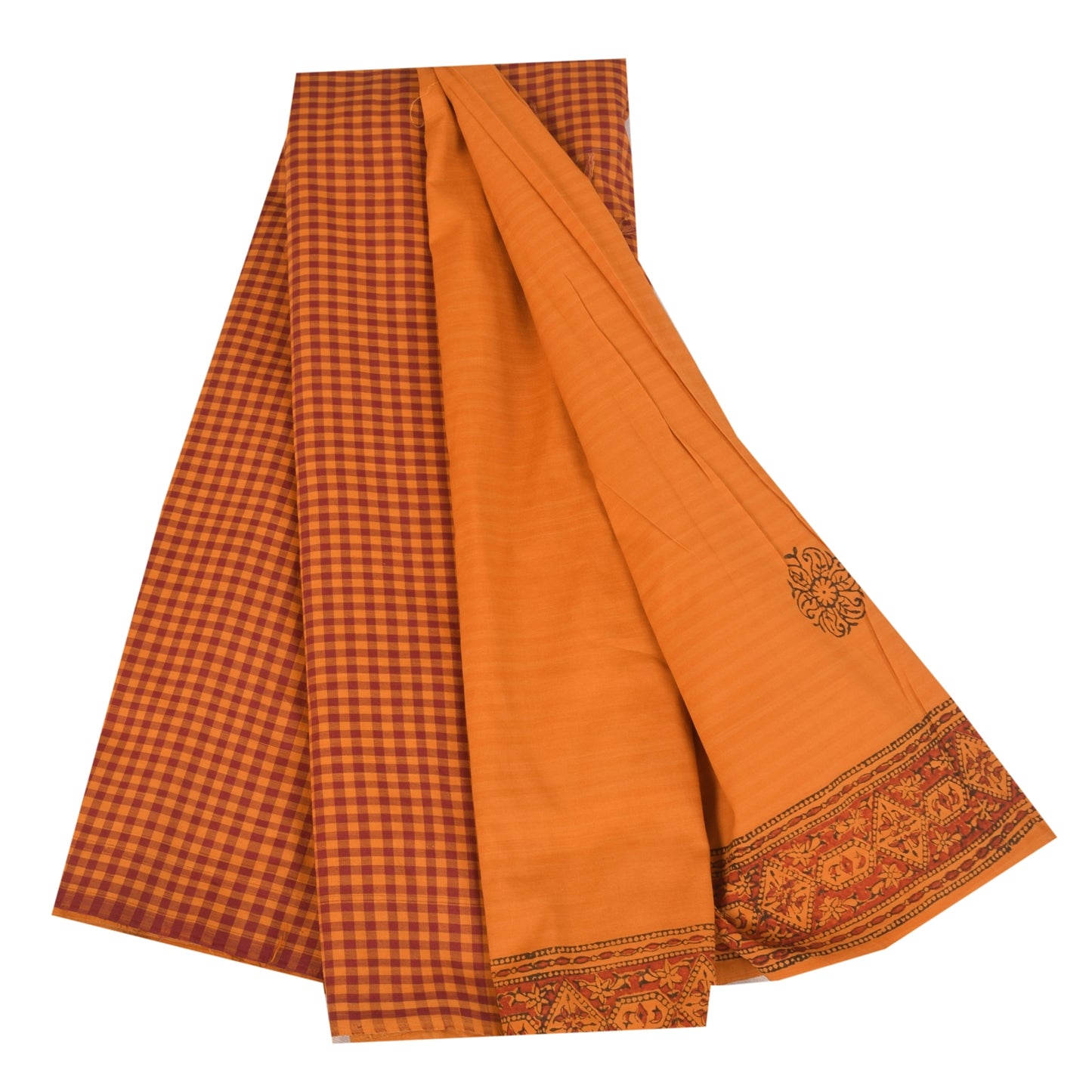 Sanskriti Vintage Sarees Saffron Hand Block Print Woven Pure Cotton Sari Fabric