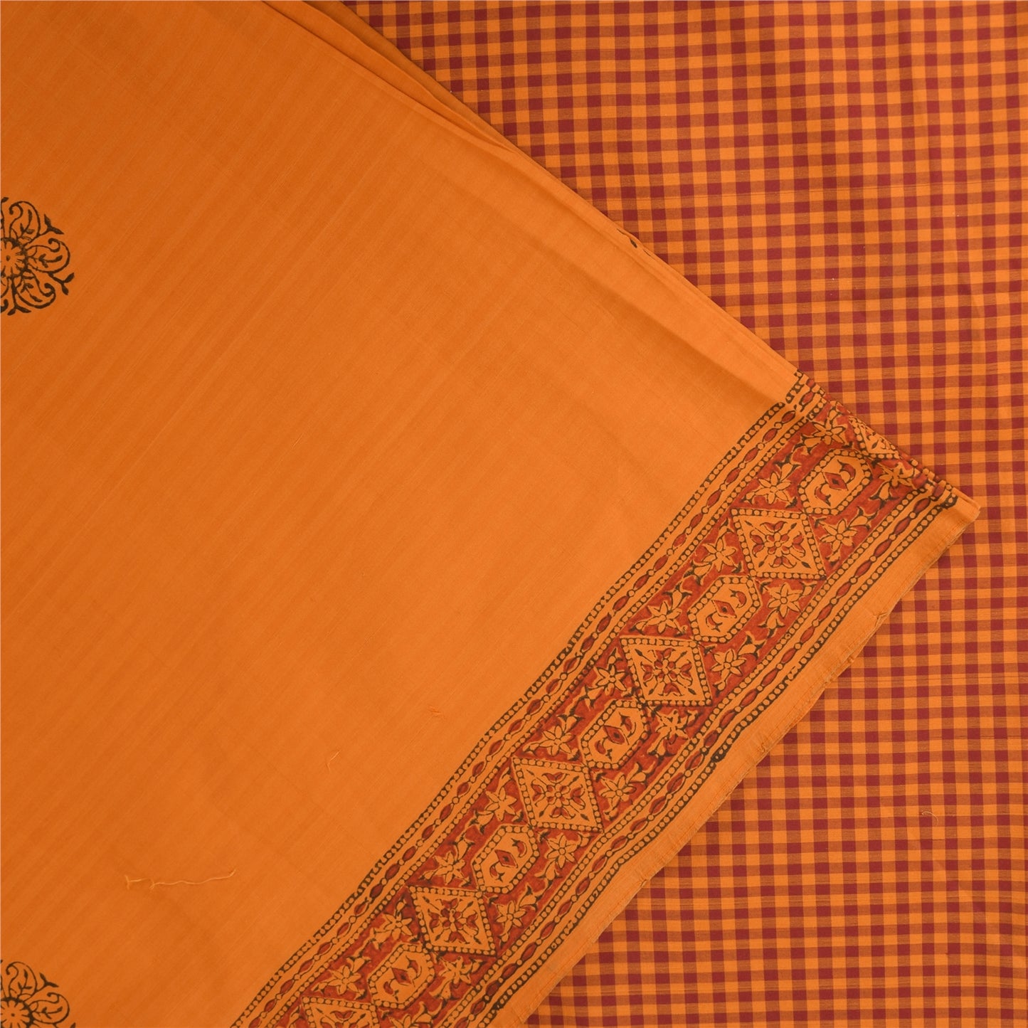 Sanskriti Vintage Sarees Saffron Hand Block Print Woven Pure Cotton Sari Fabric