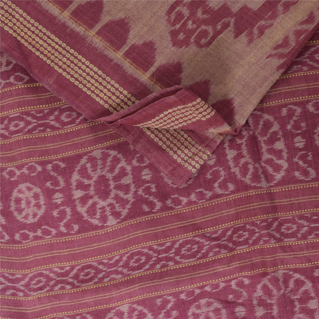 Sanskriti Vintage Sarees Indian Pink Ikat Handwoven Pure Cotton Sari 5+yd Fabric