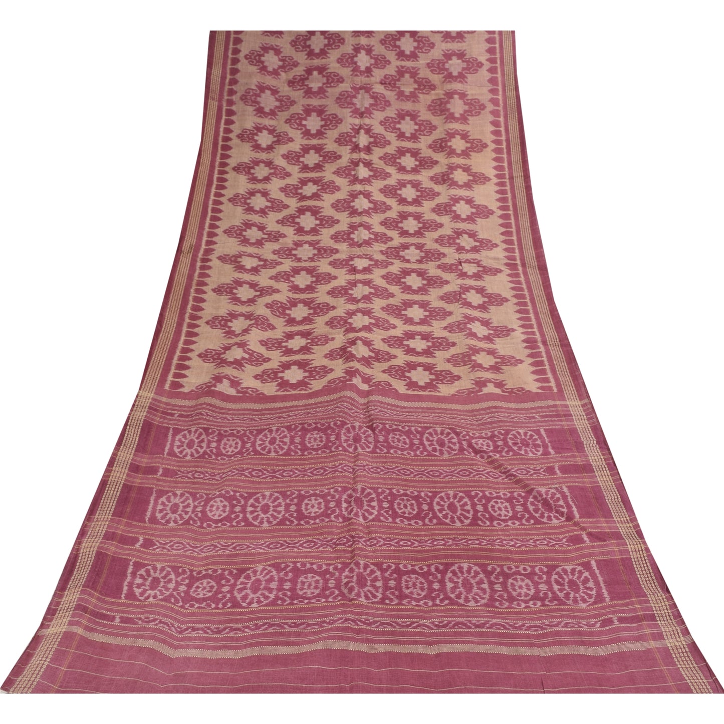 Sanskriti Vintage Sarees Indian Pink Ikat Handwoven Pure Cotton Sari 5+yd Fabric