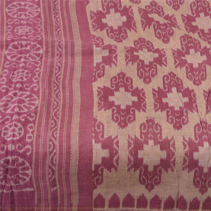 Sanskriti Vintage Sarees Indian Pink Ikat Handwoven Pure Cotton Sari 5+yd Fabric