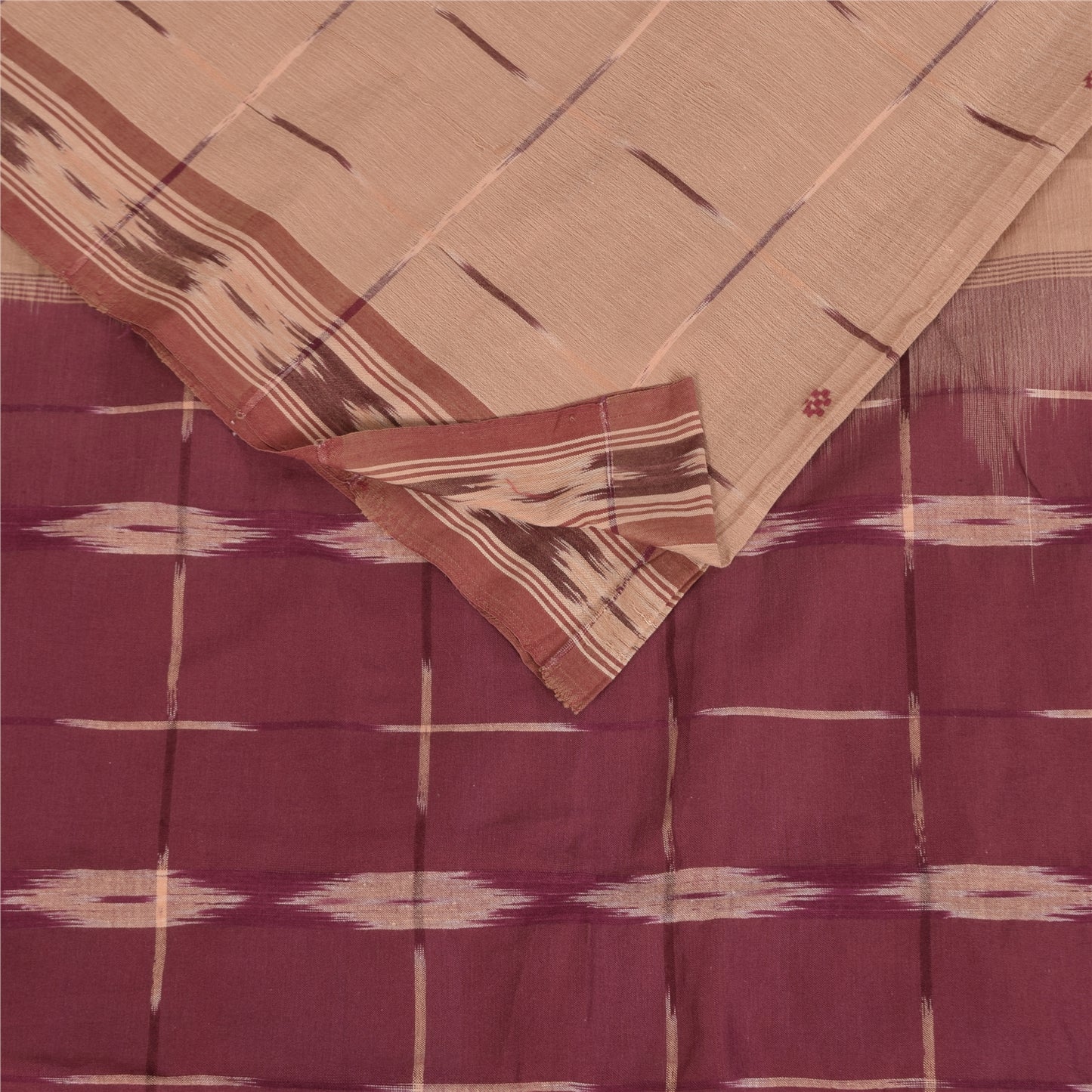 Sanskriti Vintage Sarees Peach Ikat Handwoven 100% Pure Cotton Sari 5+yd Fabric