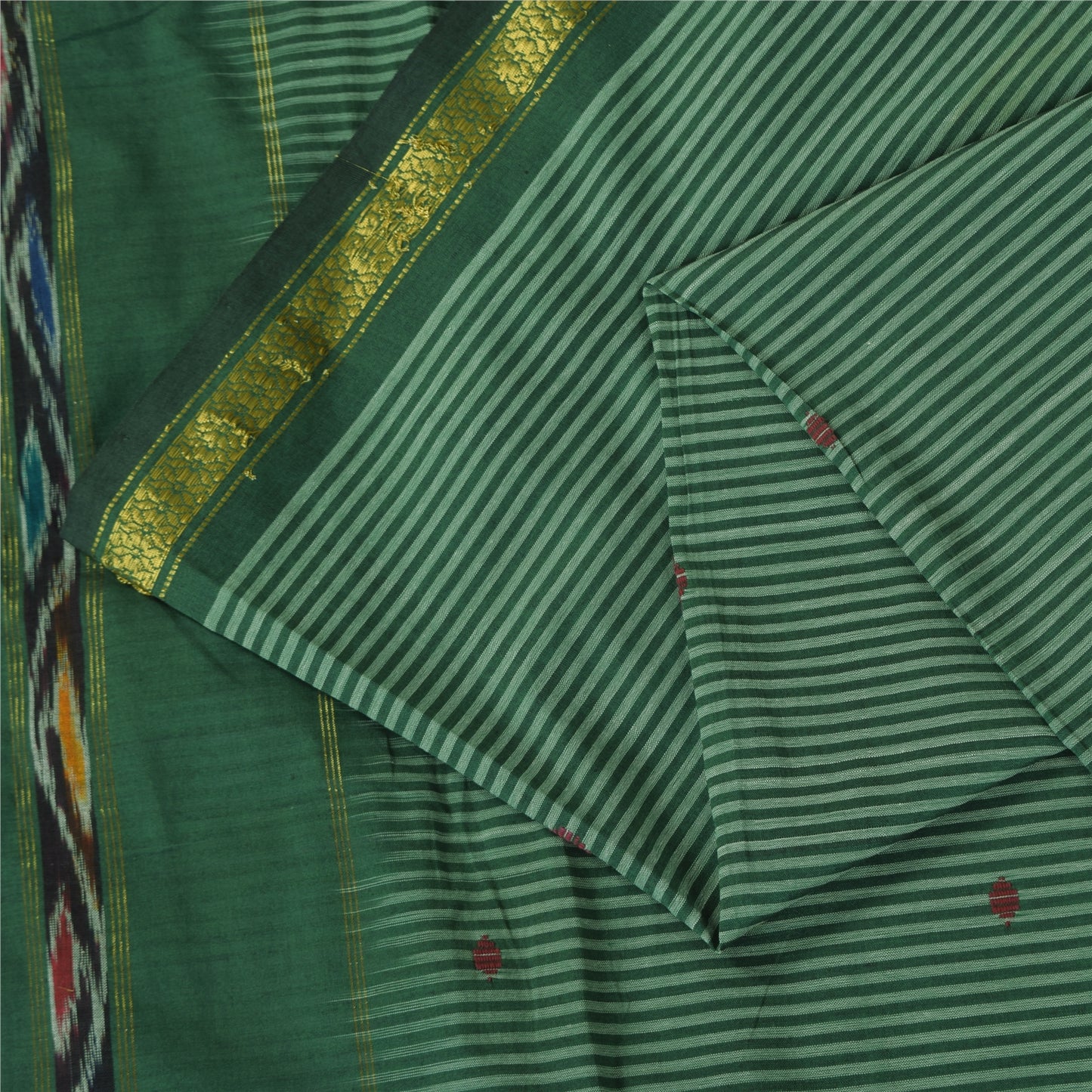 Sanskriti Vintage Sarees IndianGreen Ikat Handwoven Pure Cotton Sari 5+yd Fabric