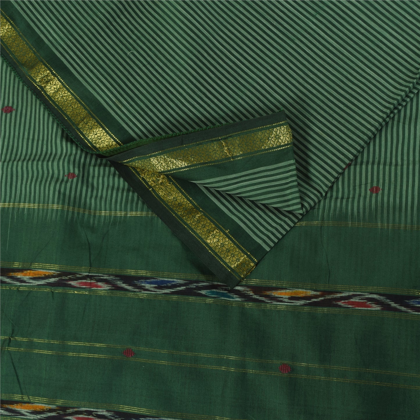 Sanskriti Vintage Sarees IndianGreen Ikat Handwoven Pure Cotton Sari 5+yd Fabric