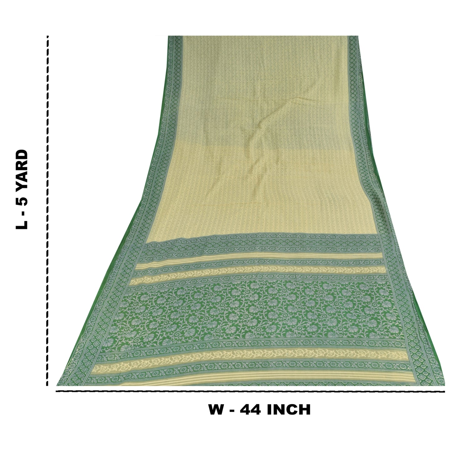 Sanskriti Vintage Sarees Cream/Green Pure Cotton Printed Sari 5+yd Craft Fabric