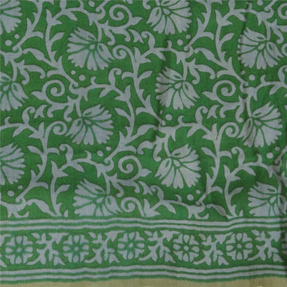 Sanskriti Vintage Sarees Cream/Green Pure Cotton Printed Sari 5+yd Craft Fabric